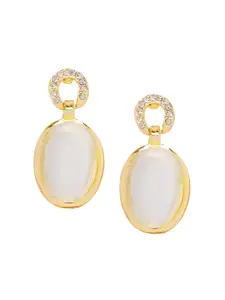 BELLEZIYA Gold-Toned & White Artificial Stone Studded Oval Drop Earrings