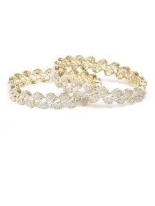 Nathany Jewels White & Gold-Toned Leaf Style American Diamond Studded Bangles