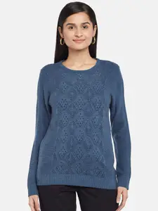 Honey by Pantaloons Women Blue Open Knit Pure Acrylic Pullover Sweater