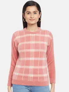 People Women Peach-Coloured & White Checked Pullover