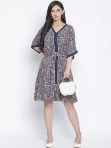Oxolloxo Navy Blue Ethnic Motifs Crepe A-Line Dress