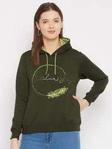 FirstKrush Women Olive Green Printed Hooded Sweatshirt