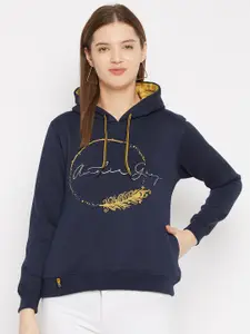 FirstKrush Women Navy Blue Printed Hooded Sweatshirt