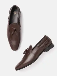 House of Pataudi Men Coffee Brown Handcrafted Basket Weave Leather Formal Slip-On Shoes