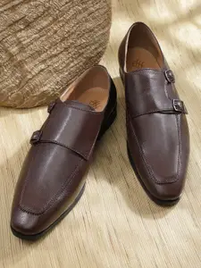 House of Pataudi Men Coffee Brown Solid Handcrafted Leather Formal Monk Shoes