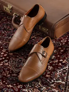 House of Pataudi Men Tan Brown Textured Leather Handcrafted Formal Monk Shoes