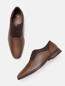 House of Pataudi Men Brown Leather Handcrafted Formal Oxford Shoes with Brogues Detail