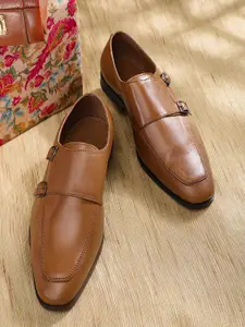 House of Pataudi Men Tan Brown Solid Handcrafted Leather Formal Monk Shoes