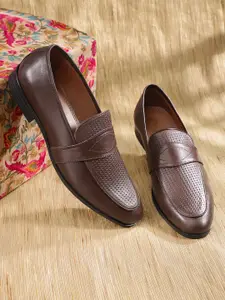 House of Pataudi Men Coffee Brown Textured Leather Handcrafted Formal Slip-Ons