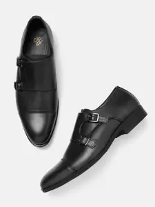 House of Pataudi Men Black Solid Leather Handcrafted Formal Monk Shoes
