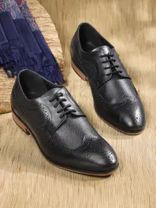 House of Pataudi Men Black Handcrafted Perforated Leather Formal Brogues