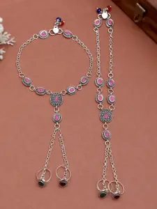 Silvermerc Designs Set Of 2 Silver-Plated & Pink Stones-Studded & Beaded Anklets With Double Toe Rings