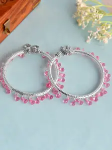 Silvermerc Designs Set Of 2 Silver-Plated & Pink Beaded Kada Anklets