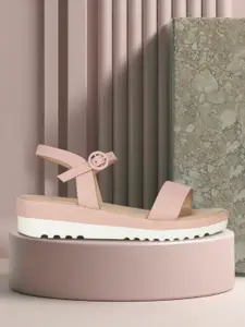 Bata Pink & White Wedge Sandals with Buckles