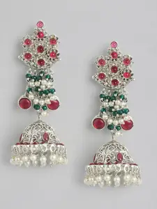Anouk Pink & Green Silver-Plated Stone Studded & Beaded Dome Shaped Jhumkas