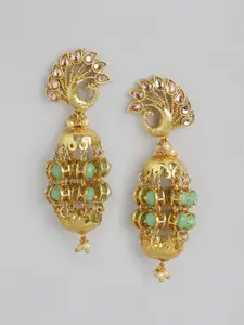 Anouk Sea Green & Cream-Coloured Gold-Plated Stone Studded Beaded Peacock Shaped Jhumkas
