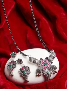PANASH Oxidized Silver-Plated Magenta-Pink & Green Stone-Studded Mangalsutra With Earrings
