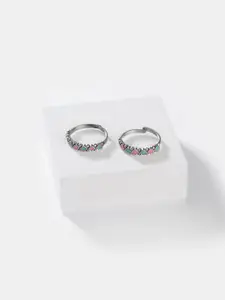 SHAYA Set Of 2 Oxidised Silver-Toned & Pink Enamelled Toe Rings