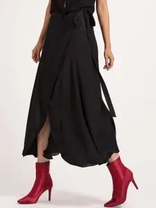 SHAYE Women Black Solid Midi Wrap Skirt