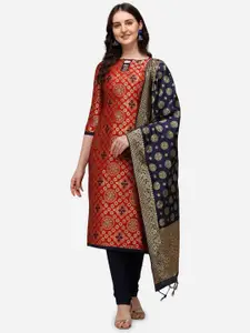 Mitera Red & Gold-Toned Dupion Silk Banarasi Jacquard Unstitched Dress Material