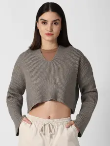FOREVER 21 Women Grey Ribbed Hooded Crop Pullover