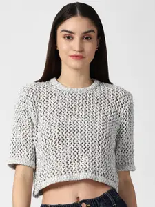 FOREVER 21 Women Off White & Blue Open-Knit Boxy Crop Pullover