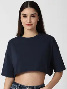 FOREVER 21 Women Navy Blue Solid Drop-Shoulder Sleeves Cropped T-shirt
