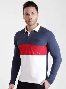 Dream of Glory Inc Men Navy Blue & White Colourblocked Polo Collar T-shirt with Pocket