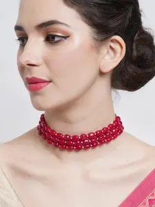 KARATCART Red & Gold-Toned Pearl Beaded Handcrafted Choker Necklace