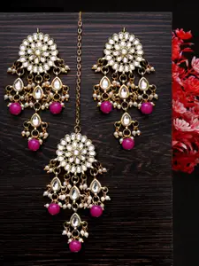 KARATCART Gold-Plated Pink & White Kundan-Studded & Beaded Earrings with Maangtikka