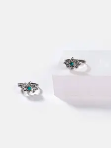 SHAYA Set Of 2 Oxidised 925 Silver-Toned & Turquoise Blue Stone-Studded Toe Rings