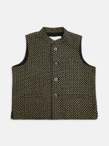 indus route by Pantaloons Boys Black & Beige Woven Design Pure Cotton Nehru Jacket