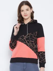 FirstKrush Women Black & Peach Colorblocked Hooded Sweatshirt