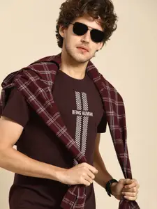 Being Human Men Burgundy Printed Slim Fit Pure Cotton Casual T-shirt