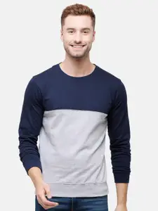 MADSTO Men Navy Blue & Grey Colourblocked Cotton Sweatshirt