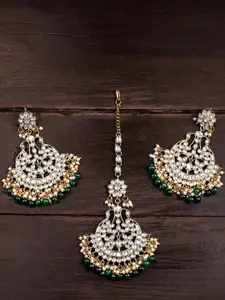 Zaveri Pearls Gold-Plated & White Kundan-Studded Traditional Maangtikaa & Earrings Set