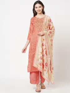 KAMI KUBI Peach-Coloured & Red Embroidered Art Silk Unstitched Dress Material