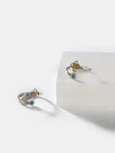 SHAYA Set Of 2 Oxidised Silver-Toned & Yellow Enamelled Toe Rings