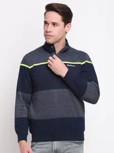 Rodamo Men Navy Blue & Grey Striped Sweatshirt