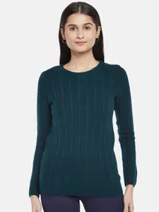 Honey by Pantaloons Women Teal Cable Knit Acrylic Pullover