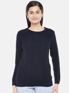 Honey by Pantaloons Women Navy Blue Self Designed Pullover Sweater