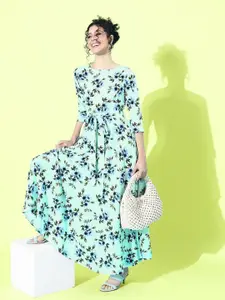 Berrylush Green Floral Crepe Maxi Dress