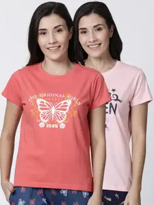 Kryptic Women Pack of 2 Orange & Pink Printed Pure Cotton Lounge T-Shirts