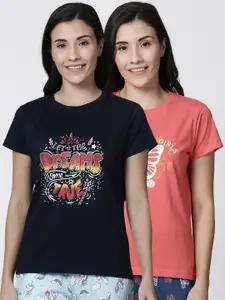 Kryptic Pack of 2 Orange & Navy Blue Cotton Printed Lounge T-shirt