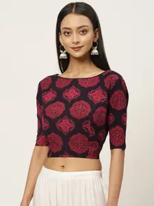Studio Shringaar Women Red & Black Printed Pure Cotton Saree Blouse