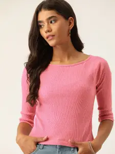 DressBerry Women Pink Solid Ribbed Raglan Sleeves Top