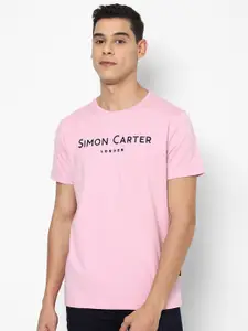 SIMON CARTER LONDON Men Pink & Black Typography Printed Slim Fit T-shirt