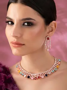 Rubans Rose Gold-Toned Stone Studded American Diamond Necklace Set