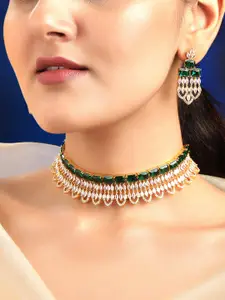 Rubans 22K Gold Plated Emerald Green & Cubic Zirconia Studded Choker Necklace Set