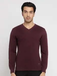 Status Quo Men Burgundy V-Neck Cotton Pullover Sweater